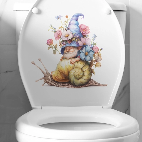 Kreativer Blumen Gnom Auf Schnecke Toilettenaufkleber Wasserdichtes PVC Dekor Für Badezimmer Fantasie Wandtattoo
