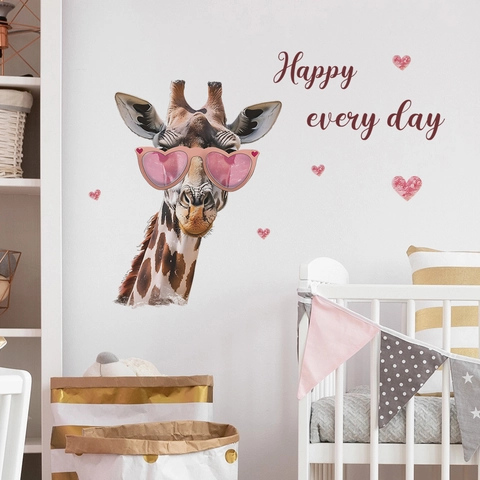 Adesivo da Parete Giraffa Cartone Animato Con Occhiali da Sole Rosa a Cuore Modelli Cuore Happy Every Day Adesivo PVC