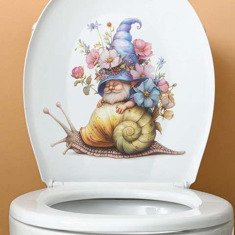 Kreativer Blumen Gnom Auf Schnecke Toilettenaufkleber Wasserdichtes PVC Dekor Für Badezimmer Fantasie Wandtattoo