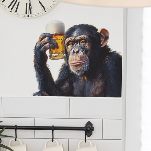 Adesivo Murale Creativo con Scimpanzé che Beve Birra Decalcomania Autoadesiva in PVC per Decorazione Parete Cucina Ristorante Bar