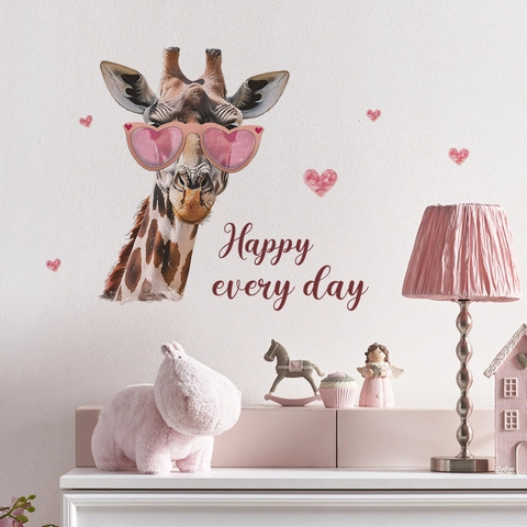 Adesivo da Parete Giraffa Cartone Animato Con Occhiali da Sole Rosa a Cuore Modelli Cuore Happy Every Day Adesivo PVC