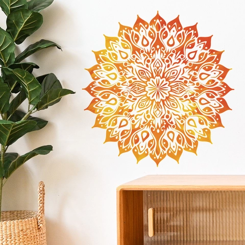 Autocollants Muraux Fleur Mandala PVC Auto-adhésif Style Bohémien Dégradé Orange Jaune Décalcomanie Géométrique Maison