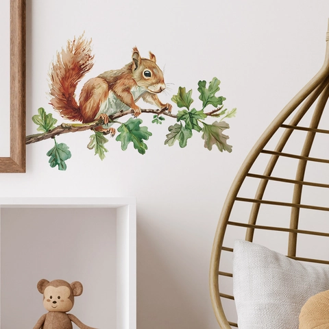 Autocollant Mural Écureuil Sur Branche Style Aquarelle PVC Auto-Adhésif Amovible Décalcomanie Animal Décoration Maison