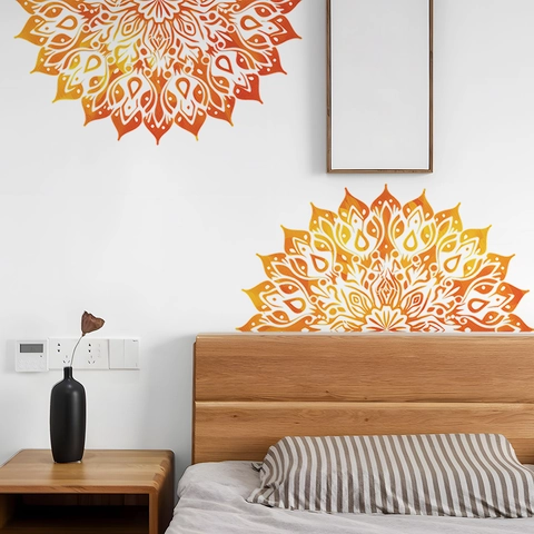 Autocollants Muraux Fleur Mandala PVC Auto-adhésif Style Bohémien Dégradé Orange Jaune Décalcomanie Géométrique Maison