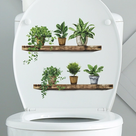 Pegatina de Inodoro de Plantas en Maceta 3D Estante de Madera PVC Impermeable Calcomanía de Pared para Baño