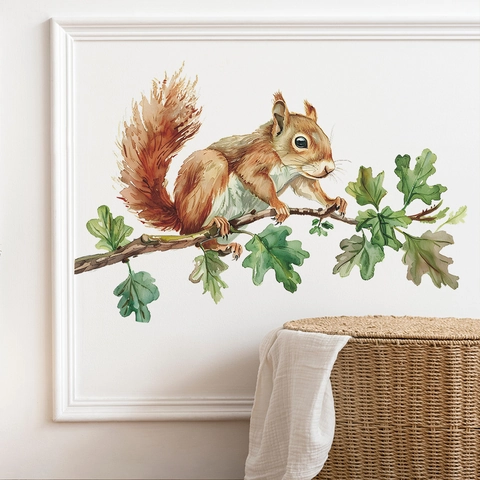 Autocollant Mural Écureuil Sur Branche Style Aquarelle PVC Auto-Adhésif Amovible Décalcomanie Animal Décoration Maison