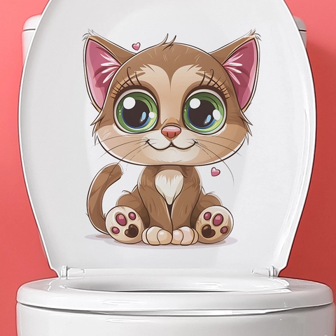 Cute Cartoon Big Eyed Cat Toilet Lid Sticker Waterproof PVC Animal Wall Decal For Bathroom Home Washroom Decor Removable Art