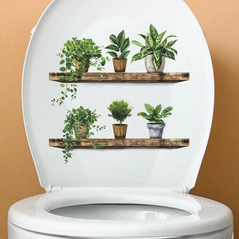 Pegatina de Inodoro de Plantas en Maceta 3D Estante de Madera PVC Impermeable Calcomanía de Pared para Baño