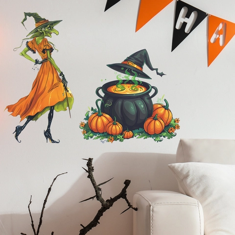 Adesivo da Parete Halloween Strega e Calderone Magico PVC Decorativo Zucca Pozione Decalcomania per Soggiorno Camera Festa