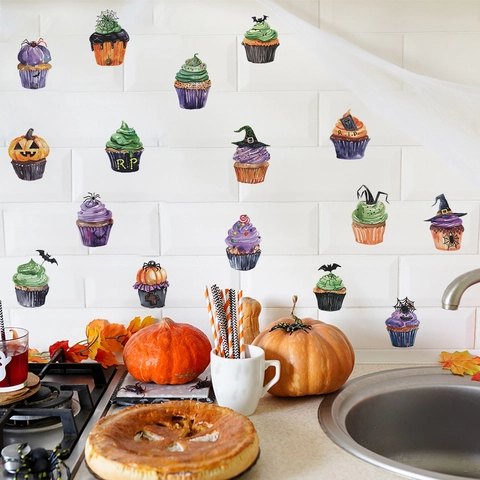 Halloween Cupcake Wall Stickers Watercolor Pumpkin Bat Witch Hat Decals For Kitchen Dining Room Home Party Decoration