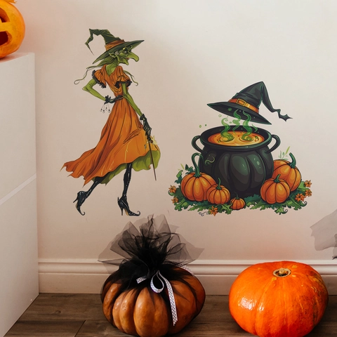 Adesivo da Parete Halloween Strega e Calderone Magico PVC Decorativo Zucca Pozione Decalcomania per Soggiorno Camera Festa