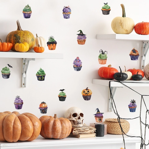Halloween Cupcake Wall Stickers Watercolor Pumpkin Bat Witch Hat Decals For Kitchen Dining Room Home Party Decoration