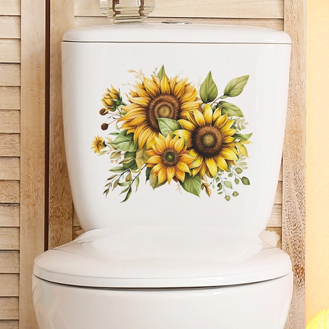 Sunflower Toilet Sticker Removable PVC Floral Wall Decal For Bathroom Bedroom Home Decor Self Adhesive Flower Art Mural