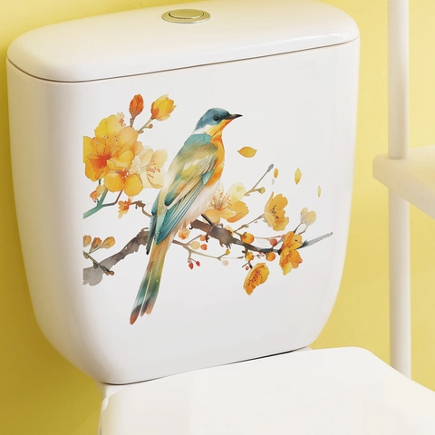 Aquarel Vogel Op Tak Bloem Toiletsticker PVC Verwijderbaar Badkamer Decal Huisdecoratie Waterdichte Muurkunst Deksel Sticker