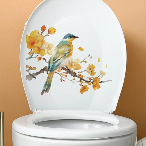Aquarel Vogel Op Tak Bloem Toiletsticker PVC Verwijderbaar Badkamer Decal Huisdecoratie Waterdichte Muurkunst Deksel Sticker