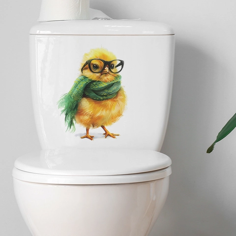 Adesivo per WC con Pulcino Animato con Occhiali e Sciarpa PVC Impermeabile Autoadesivo Parete Creativo Bagno Casa Decor
