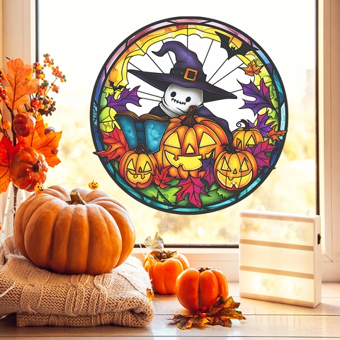 Halloween Buntglas Stil Runde Fensteraufkleber Kürbis Geist Fledermaus Statische Haftung PVC Fensterfolie Für Home Party Dekoration