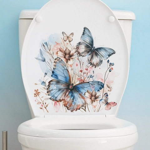 Adesivo per Coperchio del Water con Farfalla e Fiori Acquerello in PVC Removibile per Parete del Bagno Decorazione Casa