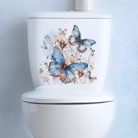 Adesivo per Coperchio del Water con Farfalla e Fiori Acquerello in PVC Removibile per Parete del Bagno Decorazione Casa