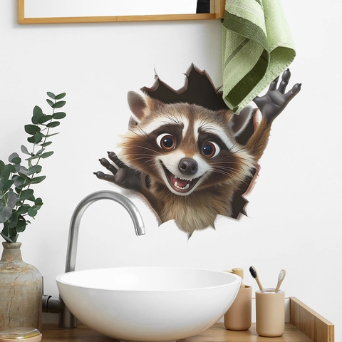 3D Kreativer Waschbär Zerbrochener Wandeffekt Aufkleber PVC Wasserdicht Selbstklebend Tier Wandtattoo Für Kinderzimmer Dekor