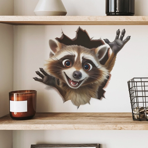 3D Kreativer Waschbär Zerbrochener Wandeffekt Aufkleber PVC Wasserdicht Selbstklebend Tier Wandtattoo Für Kinderzimmer Dekor