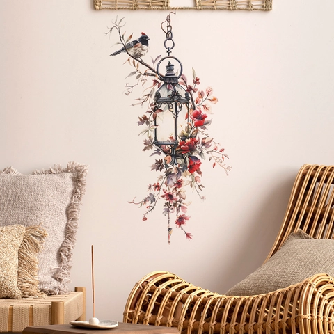 Retro Artistieke Lantaarnpaal Vogel Bloemen Wandsticker PVC Verwijderbaar Zelfklevend Muurschildering Voor Woonkamer Slaapkamer Decor