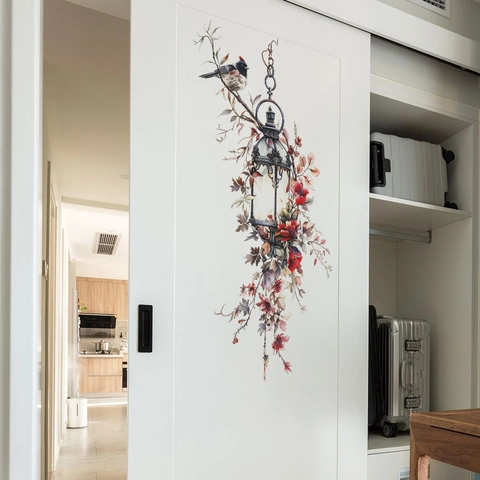 Retro Artistieke Lantaarnpaal Vogel Bloemen Wandsticker PVC Verwijderbaar Zelfklevend Muurschildering Voor Woonkamer Slaapkamer Decor