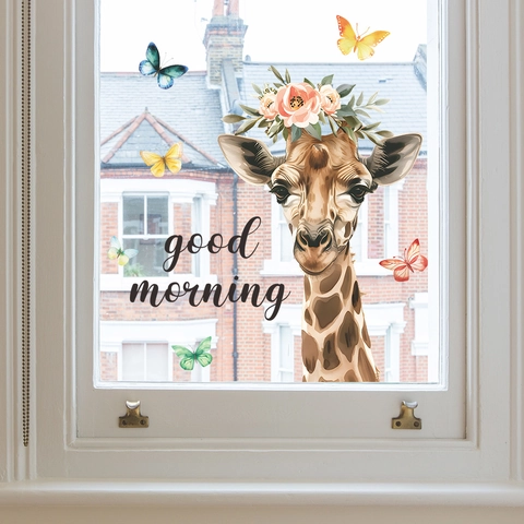 Karikatur Giraffe Mit Blumenkrone Und Schmetterlinge Fensteraufkleber Statisch PVC Good Morning Wandtattoo Für Glas Heimdekoration