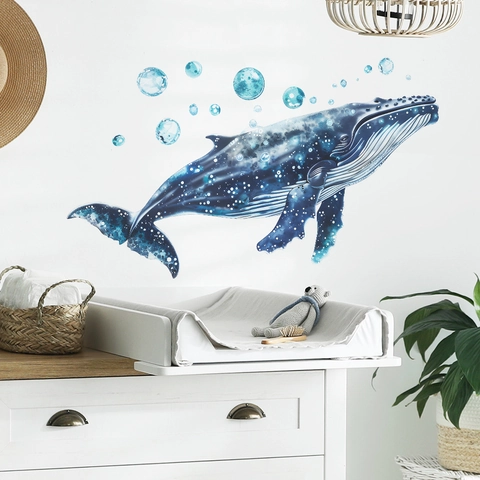 Watercolor Blue Whale Bubbles Wall Stickers PVC Removable Wall Decals For Kids Room Nursery Bedroom Home Decor Wall Art