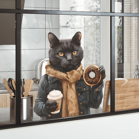 Anthropomorphe Schwarze Katze Kaffee Und Donut Statische Fensteraufkleber PVC Abnehmbare Glasaufkleber Für Büro Cafe Haus Deko