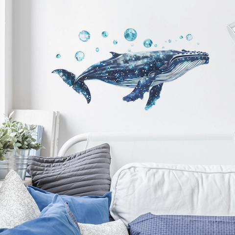 Watercolor Blue Whale Bubbles Wall Stickers PVC Removable Wall Decals For Kids Room Nursery Bedroom Home Decor Wall Art