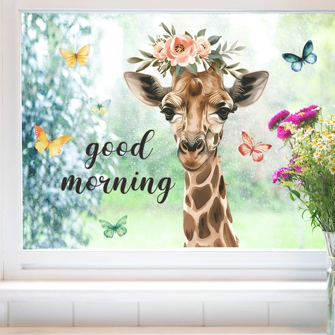 Karikatur Giraffe Mit Blumenkrone Und Schmetterlinge Fensteraufkleber Statisch PVC Good Morning Wandtattoo Für Glas Heimdekoration