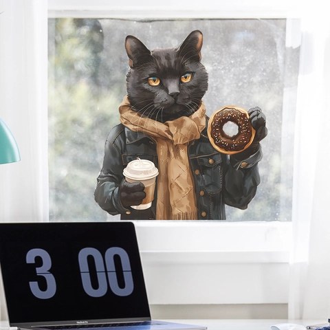Anthropomorphe Schwarze Katze Kaffee Und Donut Statische Fensteraufkleber PVC Abnehmbare Glasaufkleber Für Büro Cafe Haus Deko