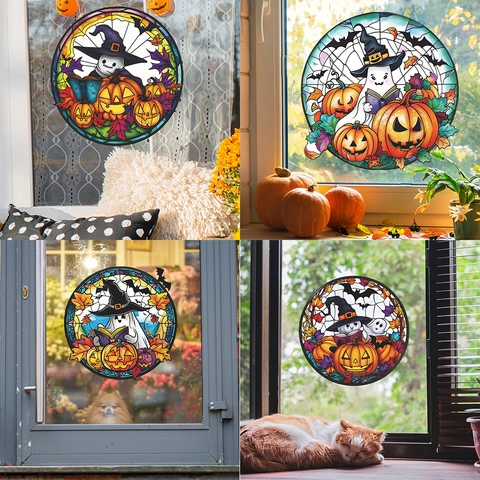 Halloween Buntglas Stil Runde Fensteraufkleber Kürbis Geist Fledermaus Statische Haftung PVC Fensterfolie Für Home Party Dekoration