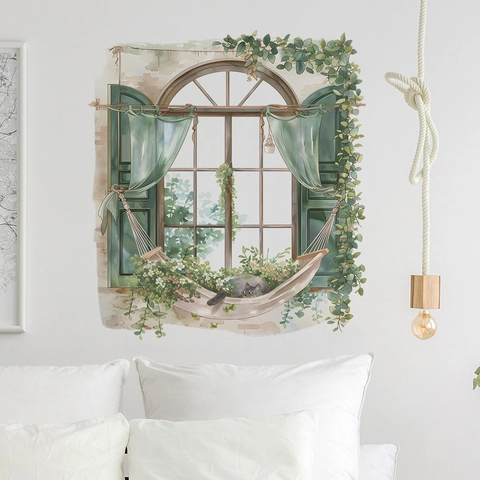 Aquarell Fenster-Attrappe Wandtattoo Mit Katze Grünpflanze Blume Selbstklebend PVC Wandaufkleber Für Schlafzimmer Wohnzimmer Deko
