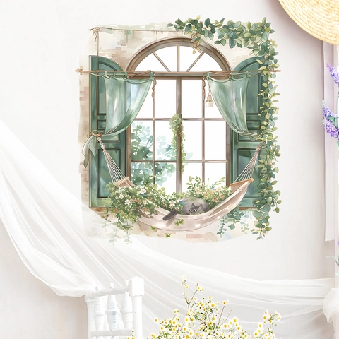 Aquarell Fenster-Attrappe Wandtattoo Mit Katze Grünpflanze Blume Selbstklebend PVC Wandaufkleber Für Schlafzimmer Wohnzimmer Deko