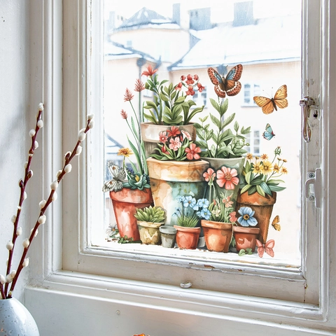 Adesivi Statici per Finestre Primavera Romantica Fiori in Vaso Farfalle PVC Adesivi Murali Decorazioni Casa per Vetro