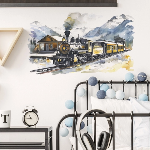 Adesivo da Parete Treno a Vapore Acquerello PVC Rimovibile Locomotiva Vintage Murale per Camera dei Bambini Casa Decor