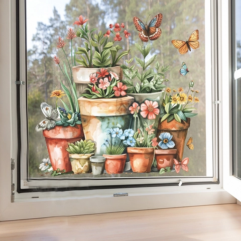 Adesivi Statici per Finestre Primavera Romantica Fiori in Vaso Farfalle PVC Adesivi Murali Decorazioni Casa per Vetro
