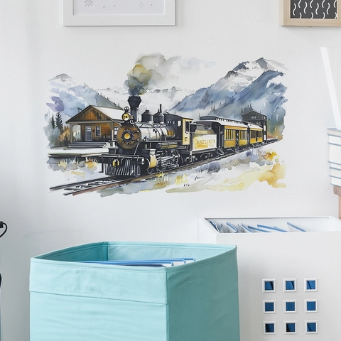 Adesivo da Parete Treno a Vapore Acquerello PVC Rimovibile Locomotiva Vintage Murale per Camera dei Bambini Casa Decor
