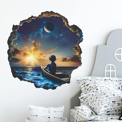 Pegatina de Pared 3D Pared Rota Atardecer Mar Estrellado Paisaje Niño en Bote PVC Autoadhesivo Calcomanía para Dormitorio Salón