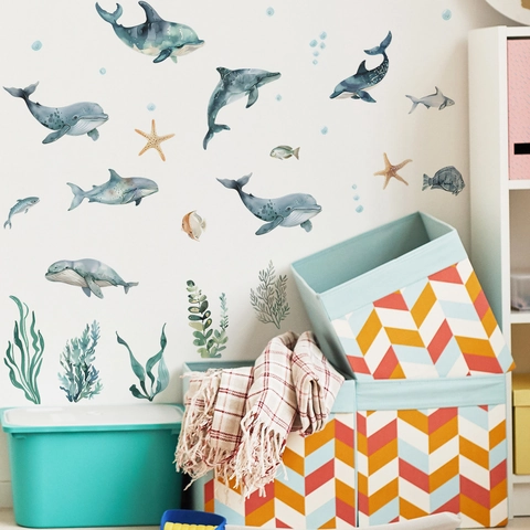 Watercolor Ocean Whale Coral Wall Stickers Removable PVC Self Adhesive Nursery Decor For Kids Bedroom Playroom Wall Decals