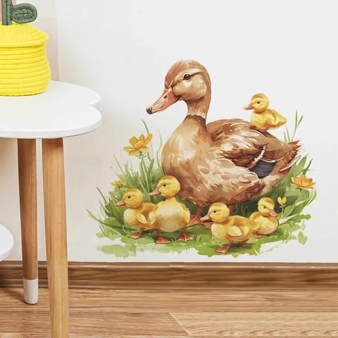 Simpatico Adesivo da Parete Famiglia di Anatre in PVC Autoadesivo Acquerello Animali per Cameretta Bambini Asilo Casa