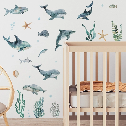 Watercolor Ocean Whale Coral Wall Stickers Removable PVC Self Adhesive Nursery Decor For Kids Bedroom Playroom Wall Decals