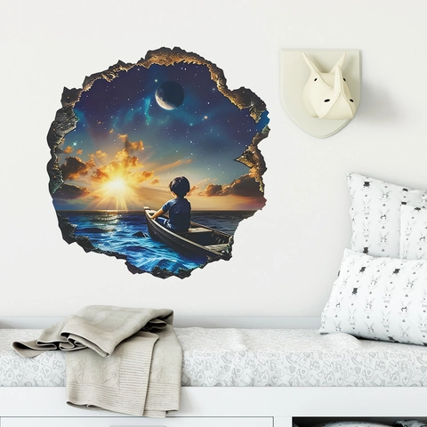 Pegatina de Pared 3D Pared Rota Atardecer Mar Estrellado Paisaje Niño en Bote PVC Autoadhesivo Calcomanía para Dormitorio Salón