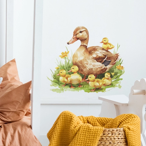 Simpatico Adesivo da Parete Famiglia di Anatre in PVC Autoadesivo Acquerello Animali per Cameretta Bambini Asilo Casa