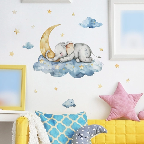 Watercolor Cartoon Elephant Sleeping On Moon Wall Decal Blue Clouds Yellow Stars PVC Stickers For Nursery Kids Room Home Decor