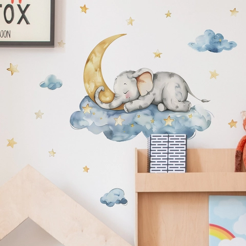 Watercolor Cartoon Elephant Sleeping On Moon Wall Decal Blue Clouds Yellow Stars PVC Stickers For Nursery Kids Room Home Decor