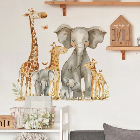 Cartoon Giraffe Elephant PVC Wall Stickers Removable Watercolor Animal Decals For Kids Room Nursery Kindergarten Decor