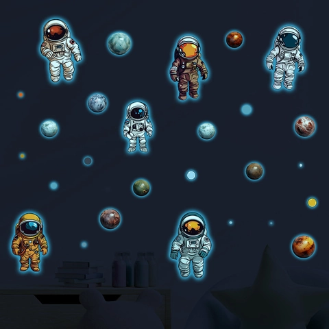 Adesivi Murali Astronauta Pianeta Fluorescenti Blu Luminosi Stelle Soffitto Decalcomanie Spaziali per Cameretta Bambini Decorazione Stanza Ragazzi